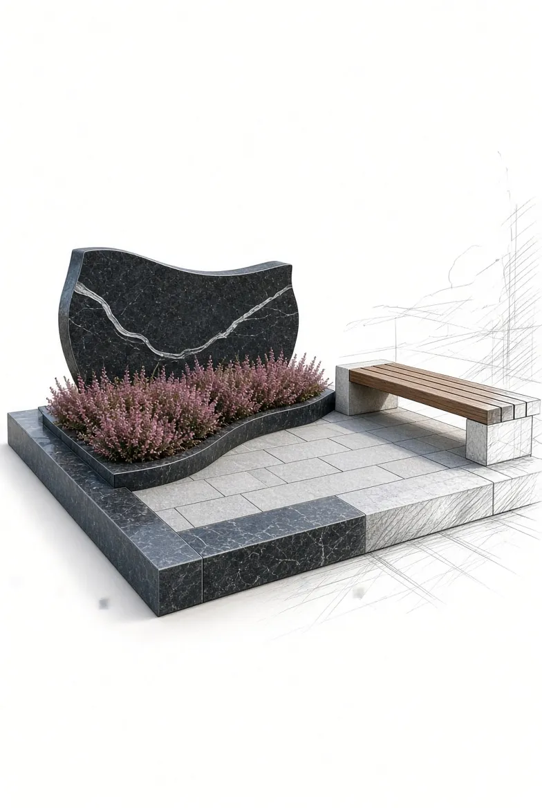 Black granite monument visualisation with heather flowers and a stone bench